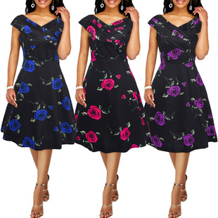 Spring and summer new foreign trade women's printing retro dress Hepburn style 50s skirt