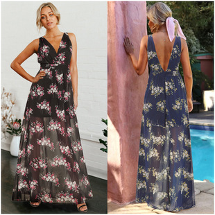 2025 summer new women's V-neck open back printed chiffon vest long skirt strap