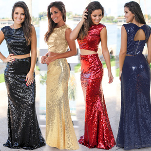 2025 spring and summer new sexy leaking umbilical fishtail evening dress long skirt two-piece sequin dress