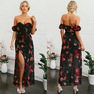 New 2025 spring and summer women's printing sexy irregular split chiffon dress tube top dress