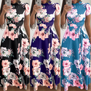 2025 spring and summer new casual printing straps long skirt short-sleeved dress women's clothing