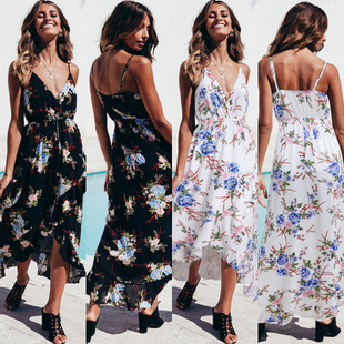 2025 spring and summer new dress V-neck sling print swallowtail dress