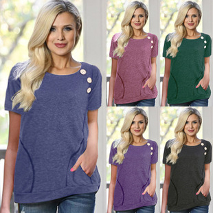 2025 spring new women's short-sleeved t-shirt round neck pocket button top