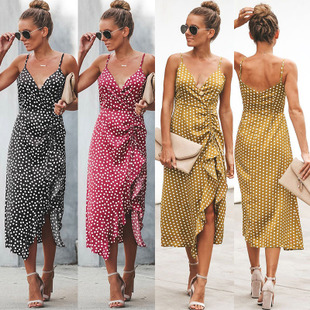2025 women's spring and summer wave point sling V-neck swallowtail split sexy dress
