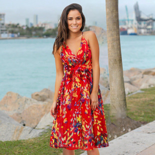 Summer Explosion Women's Fashion Print Beach Sexy Sling Dress