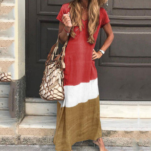 Summer new women's dress Simple contrast color loose short sleeve long dress