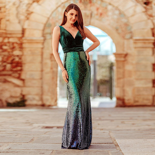 New women's fashion gradient stitching beaded evening dress strap fishtail dress