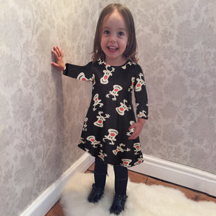 Christmas Skirt Girls Wear 2017 New Christmas Kids Skirt Cartoon Print Long Sleeve Dress