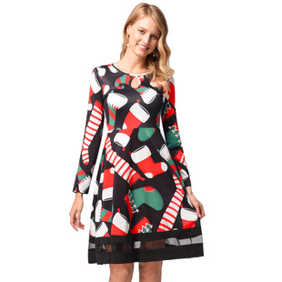2025 Christmas Christmas Spot Cartoon Print Mesh Dress Autumn and Winter