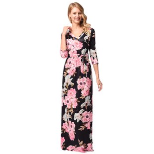 2025 spring and summer new print seven-point sleeves long dress big dress dress long skirt