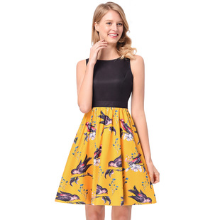 2025 spring and summer print sleeveless new dress with a waist and a large skirt