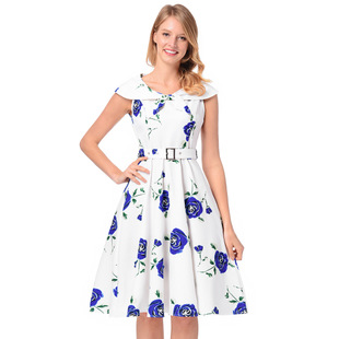 2025 summer new print dress lapels Hepburn retro style skirt with belt