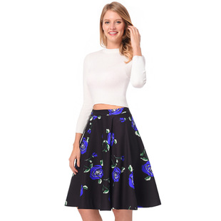 2025 spring and summer new retro a word skirt high waist rose print skirt