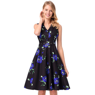2025 spring and summer retro Hepburn style single-breasted with belt print dress