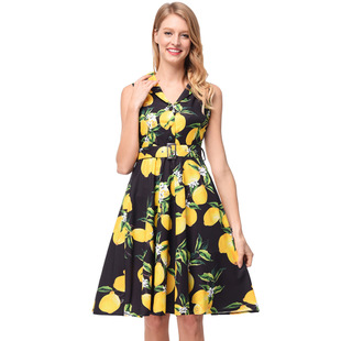 2025 spring and summer retro Hepburn wind lapel waist slimming big swing skirt print dress