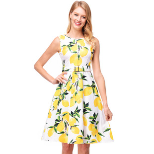 2025 spring and summer new sleeveless dress Hepburn print big swing skirt with belt