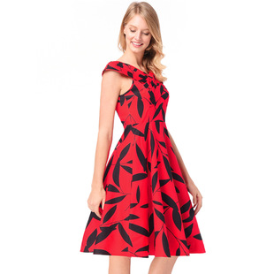 2025 spring and summer new Hepburn red dress heart machine cross collar print sleeveless dress