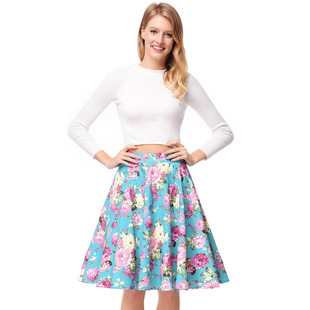 2025 spring new elegant high waist large swing printed skirt Hepburn floral skirt