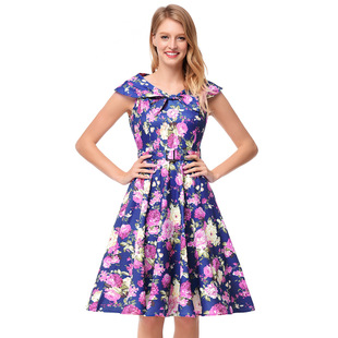 2025 spring and summer new navy collar belt floral skirt Hepburn style sleeveless dress