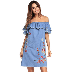 2025 spring new embroidery loose strapless sexy skirt lotus leaf sleeve denim dress