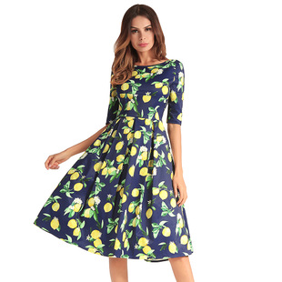 2025 spring and summer waist slimming large swing skirt sleeve printed dress
