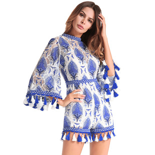 2025 spring and summer jumpsuit fringed embroidered trumpet sleeve dress