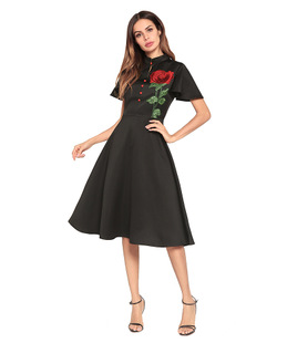 2025 new solid color short-sleeved back zipper small stand A-line dress