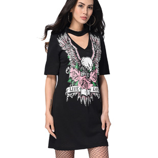 2025 spring and summer new hanging neck V-neck loose straight T-shirt print dress