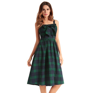 2025 summer new women Hepburn big swing dress tube top plaid strap dress