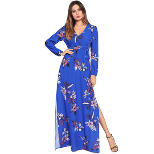 2025 spring and summer new long-sleeved high waist printed dress long skirt