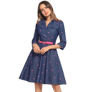 2025 spring and summer sexy V-neck a word skirt love embroidery seven-point sleeve denim skirt