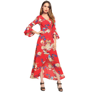 2025 summer dress V-neck flared sleeve short short long printed strap dress