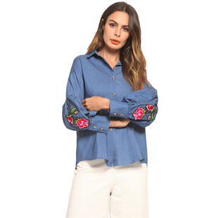 2025 new lantern cuffs rose embroidered chapter long sleeve loose denim shirt