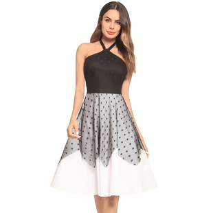 2025 spring and summer new hot backless halter tie with wave point mesh dress