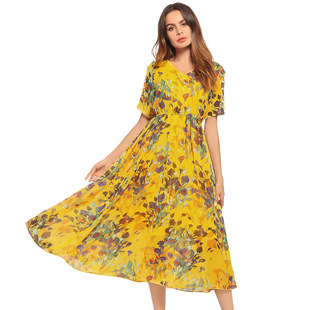 2025 spring and summer new hot off-the-shoulder beach dress short-sleeved chiffon dress