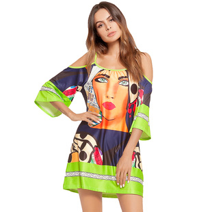 2025 dress off-shoulder printed milk silk holiday dress