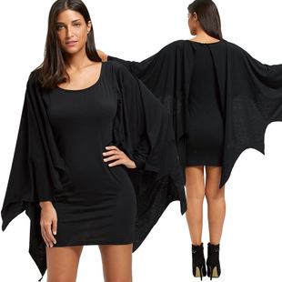 2025 autumn new best selling Halloween performance dress bat sleeve solid color dress