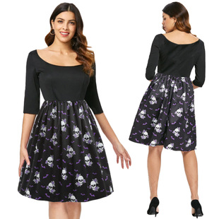 2025 autumn and winter new Halloween sleeves skull print dress skirt dress female
