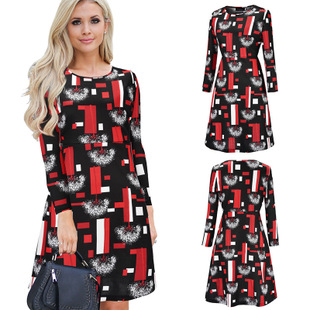 2025 autumn new hot sale fashion geometric print long paragraph large size dress female