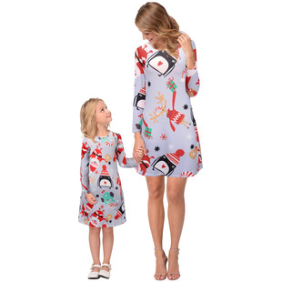 2025 new snowflake Christmas stocking print long-sleeved dress Christmas parent-child dress
