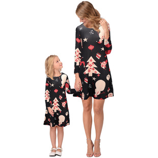 2025 new snowflake Christmas stocking print long-sleeved dress Christmas parent-child dress
