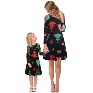 2025 hot lucky star ice snowball Christmas print dress parent-child skirt