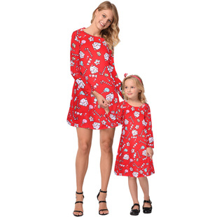 2025 new snowflake Christmas stocking print long-sleeved dress Christmas parent-child dress