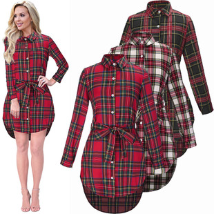 2025 spring dress waist plaid lapels shirt dress irregular split skirt